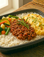 Brasileirinha: Carne Moída, Arroz, Purê de Batata Inglesa e Legumes